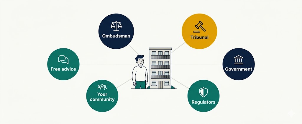 Infographic showing 6 types of free support available to leaseholders: free advice, ombudsman, tribunal, government, regulators, and your community